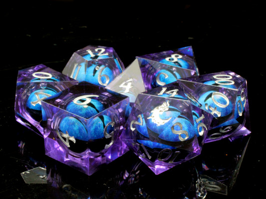 Old School Dice: Sharp Edged 7-Piece Dice Set - Liquid Infused - Serpent's Eye - Purple w/ Blue Eye