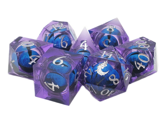 Old School Dice: Sharp Edged 7-Piece Dice Set - Liquid Infused - Serpent's Eye - Purple w/ Blue Eye