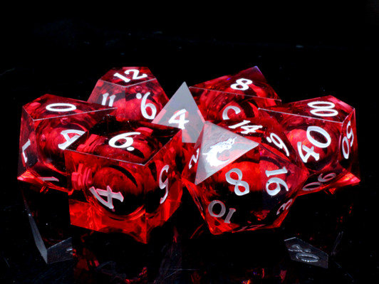 Old School Dice: Sharp Edged 7-Piece Dice Set - Liquid Infused - Serpent's Eye - Red w/ Red Eye