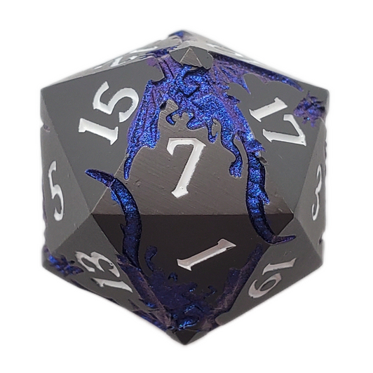 Old School DnD RPG Metal D20: Soaring Dragon - Matte Black w/ Blue