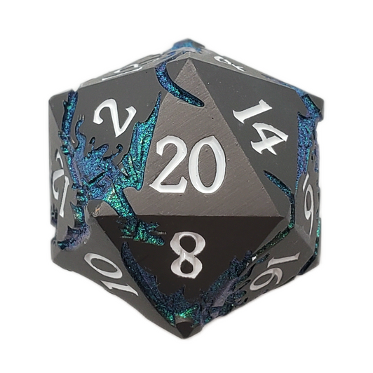Old School DnD RPG Metal D20: Soaring Dragon - Matte Black w/ Green