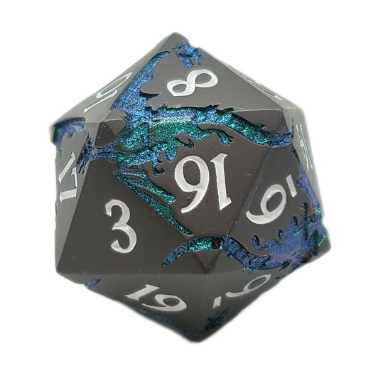 Old School DnD RPG Metal D20: Soaring Dragon - Matte Black w/ Green
