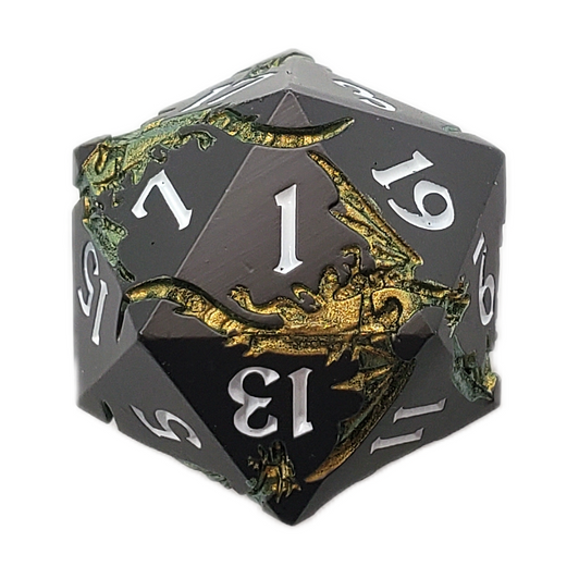Old School DnD RPG Metal D20: Soaring Dragon - Matte Black w/ Gold