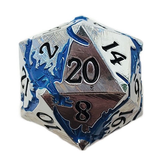 Old School DnD RPG Metal D20: Soaring Dragon - Silver w/ Blue