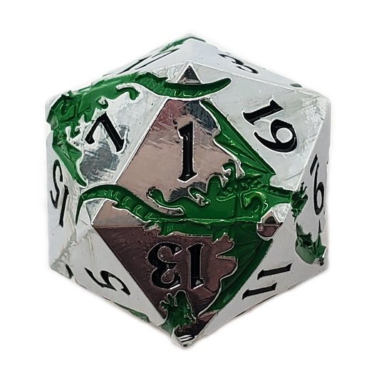 Old School DnD RPG Metal D20: Soaring Dragon - Silver w/ Green