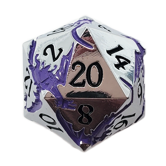 Old School DnD RPG Metal D20: Soaring Dragon - Silver w/ Purple