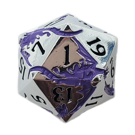 Old School DnD RPG Metal D20: Soaring Dragon - Silver w/ Purple
