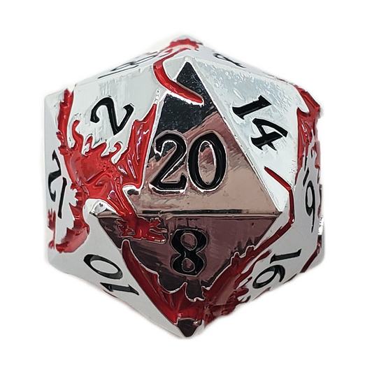 Old School DnD RPG Metal D20: Soaring Dragon - Silver w/ Red
