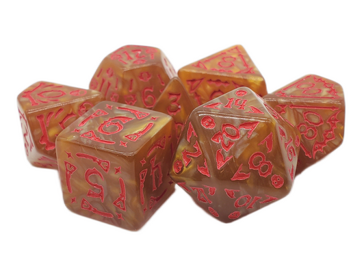 Old School 7 Piece DnD RPG Dice Set: Rune Dice - All Hallows Eve - Gold w/ Red