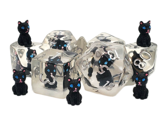 Old School 7 Piece DnD RPG Dice Set: Animal Kingdom - Cat - Black