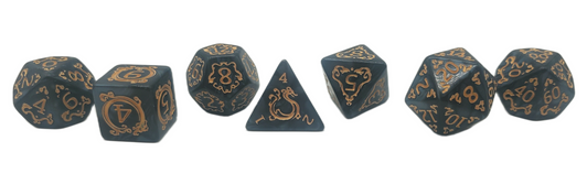 Old School 7 Piece DnD RPG Dice Set: Rune Dice - Coiled Serpent - Black w/ Gold