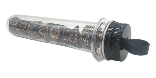 Old School 7 Piece DnD RPG Dice Set: Rune Dice - Coiled Serpent - Black w/ Gold