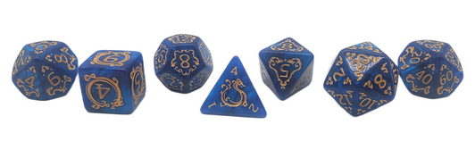 Old School 7 Piece DnD RPG Dice Set: Rune Dice - Coiled Serpent - Blue w/ Gold