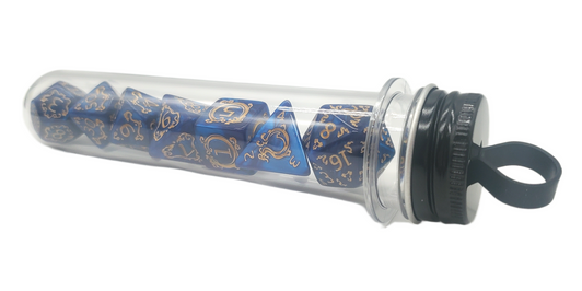 Old School 7 Piece DnD RPG Dice Set: Rune Dice - Coiled Serpent - Blue w/ Gold
