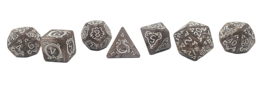 Old School 7 Piece DnD RPG Dice Set: Rune Dice - Coiled Serpent - Brown w/ White