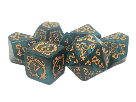 Old School 7 Piece DnD RPG Dice Set: Rune Dice - Coiled Serpent - Green w/ Gold