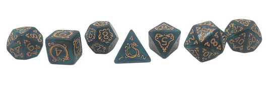 Old School 7 Piece DnD RPG Dice Set: Rune Dice - Coiled Serpent - Green w/ Gold