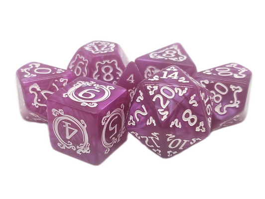 Old School 7 Piece DnD RPG Dice Set: Rune Dice - Coiled Serpent - Orchid w/ White