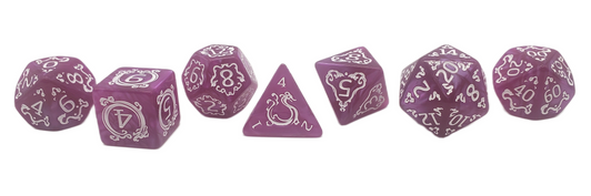 Old School 7 Piece DnD RPG Dice Set: Rune Dice - Coiled Serpent - Orchid w/ White