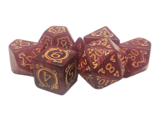 Old School 7 Piece DnD RPG Dice Set: Rune Dice - Coiled Serpent - Red w/ Gold