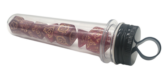 Old School 7 Piece DnD RPG Dice Set: Rune Dice - Coiled Serpent - Red w/ Gold