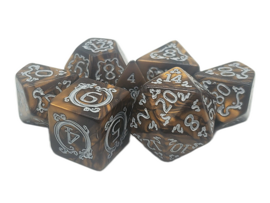 Old School 7 Piece DnD RPG Dice Set: Rune Dice - Coiled Serpent - Tan w/ White