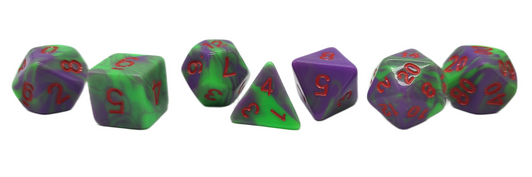 Old School 7 Piece DnD RPG Dice Set: Vorpal - Green & Purple w/ Red
