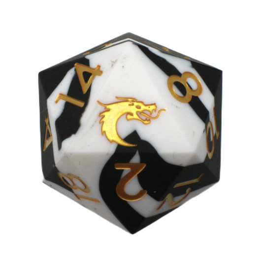 Old School Dice: Silicone 50mm D20 - Black & White w/ Gold
