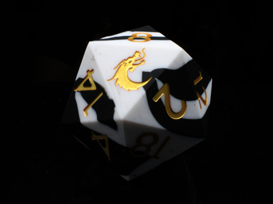 Old School Dice: Silicone 50mm D20 - Black & White w/ Gold