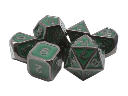 Old School 7 Piece DnD RPG Metal Dice Set: Elven Forged - Green w/ Black Nickel