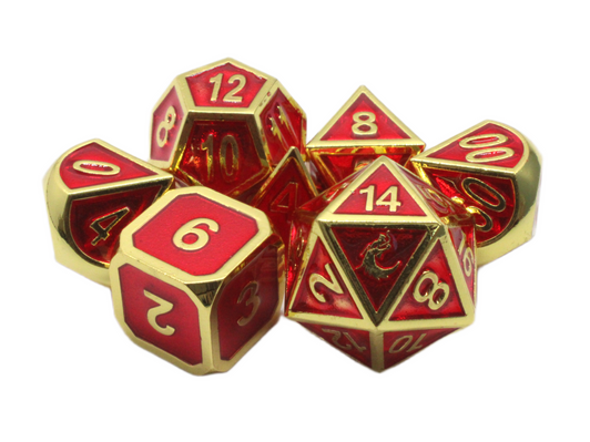 Old School 7 Piece DnD RPG Metal Dice Set: Elven Forged - Red w/ Gold