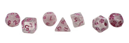Old School 7 Piece DnD RPG Dice Set: Odyssey - White Swirl w/ Pink