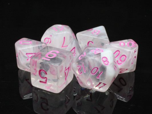 Old School 7 Piece DnD RPG Dice Set: Odyssey - White Swirl w/ Pink