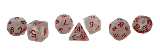 Old School 7 Piece DnD RPG Dice Set: Odyssey - White Swirl w/ Red