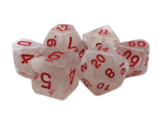 Old School 7 Piece DnD RPG Dice Set: Odyssey - White Swirl w/ Red