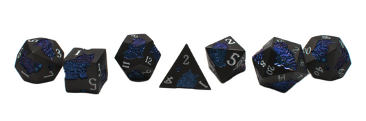 Old School 7 Piece DnD RPG Metal Dice Set: Nine Lives - Matte Black w/ Blue