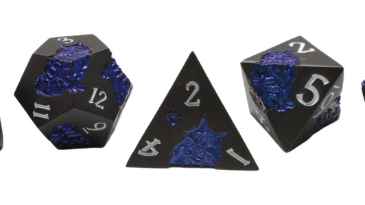 Old School 7 Piece DnD RPG Metal Dice Set: Nine Lives - Matte Black w/ Blue