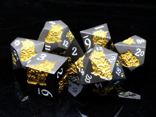 Old School 7 Piece DnD RPG Metal Dice Set: Nine Lives - Matte Black w/ Gold