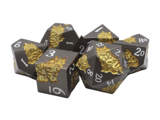 Old School 7 Piece DnD RPG Metal Dice Set: Nine Lives - Matte Black w/ Gold