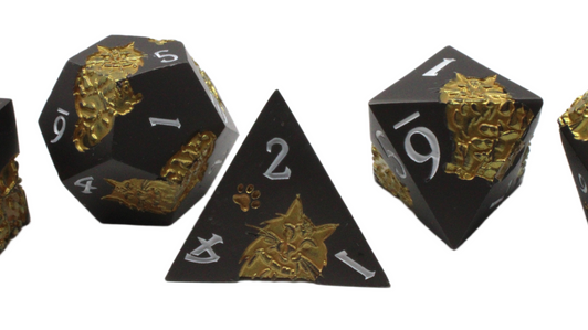Old School 7 Piece DnD RPG Metal Dice Set: Nine Lives - Matte Black w/ Gold