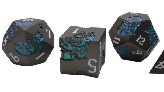 Old School 7 Piece DnD RPG Metal Dice Set: Nine Lives - Matte Black w/ Green