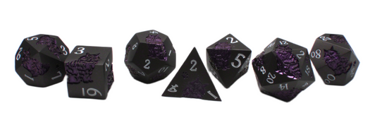 Old School 7 Piece DnD RPG Metal Dice Set: Nine Lives - Matte Black w/ Purple