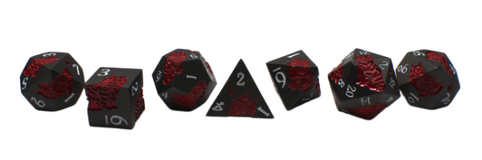 Old School 7 Piece DnD RPG Metal Dice Set: Nine Lives - Matte Black w/ Red