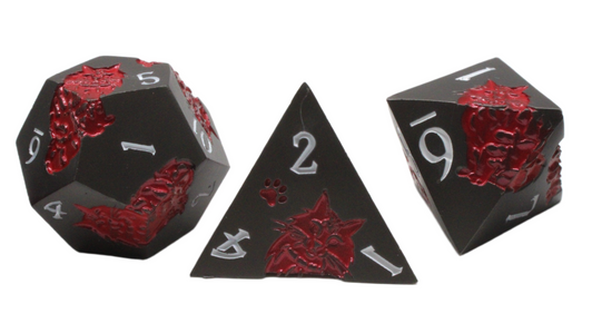 Old School 7 Piece DnD RPG Metal Dice Set: Nine Lives - Matte Black w/ Red