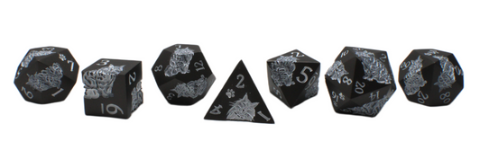 Old School 7 Piece DnD RPG Metal Dice Set: Nine Lives - Matte Black w/ White