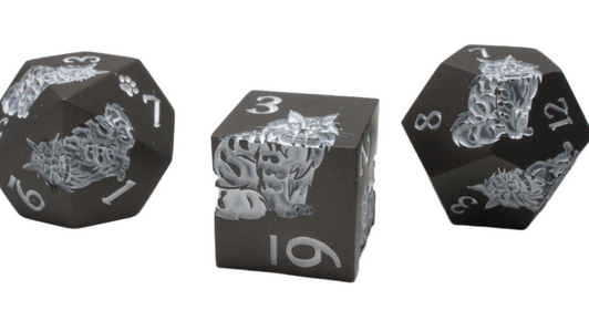Old School 7 Piece DnD RPG Metal Dice Set: Nine Lives - Matte Black w/ White
