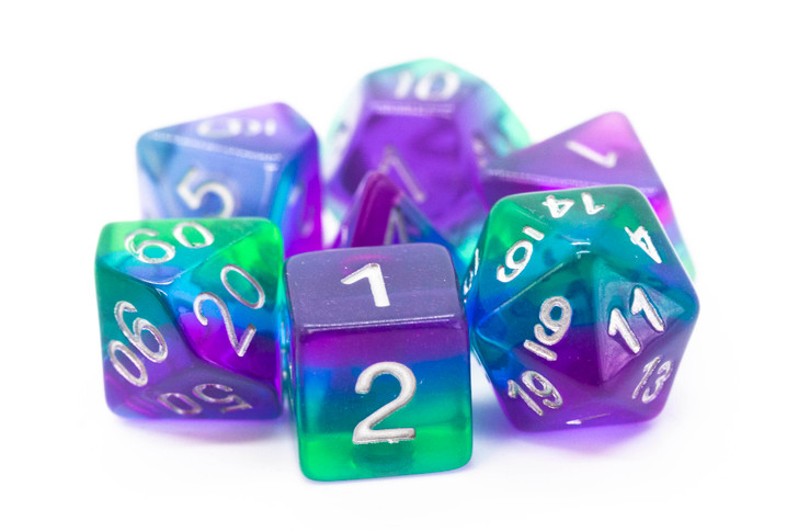 New 7 Piece Polyhedral Translucent Blue Gradient Dice Set With Dice Bag D&D RPG 