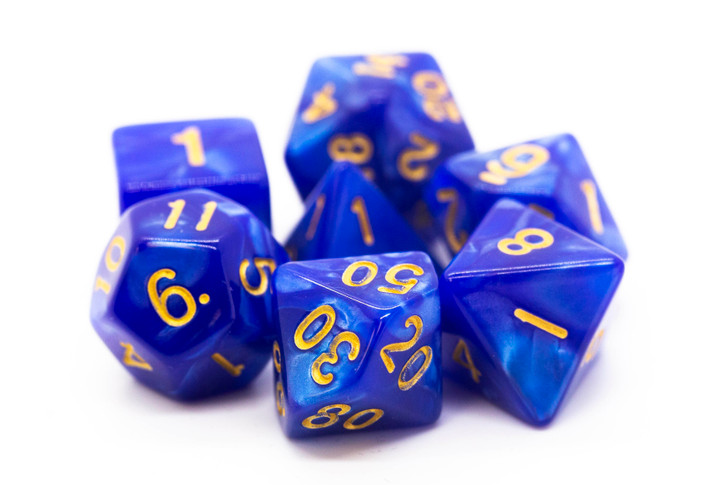 Old School 7 Piece DnD RPG Dice Set: Pearl Drop - Blue w/ Gold