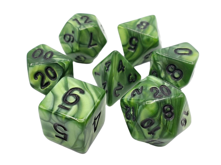 Old School 7 Piece DnD RPG Dice Set: Pearl Drop - Forest Green w/ Black - New