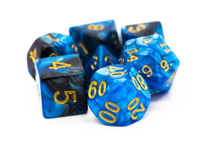 Old School 7 Piece DnD RPG Dice Set: Vorpal - Black & Blue w/ Gold